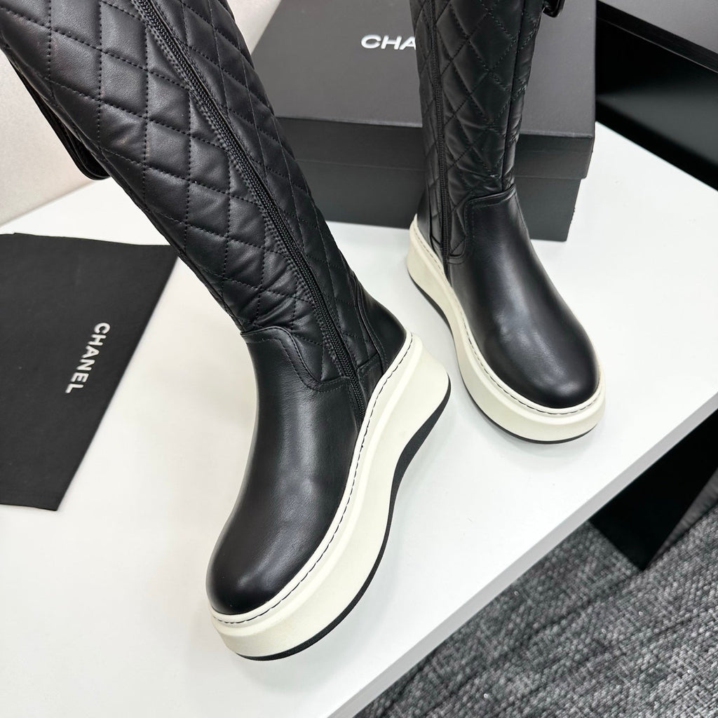 CHANEL 25S WEDGE KNEE-HIGH BOOTS IN BLACK CALFSKIN SILVER HARDWARE