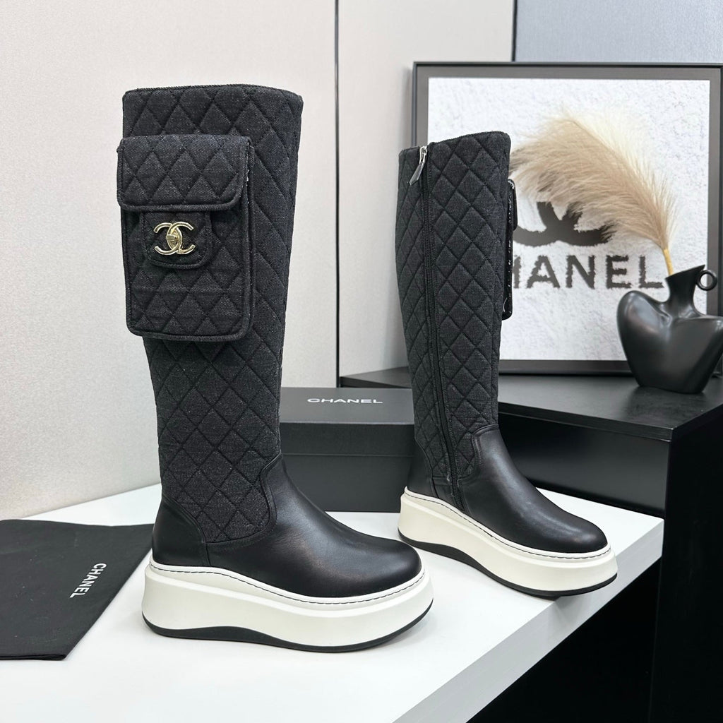 CHANEL 25S WEDGE KNEE-HIGH BOOTS IN BLACK CALFSKIN SILVER HARDWARE