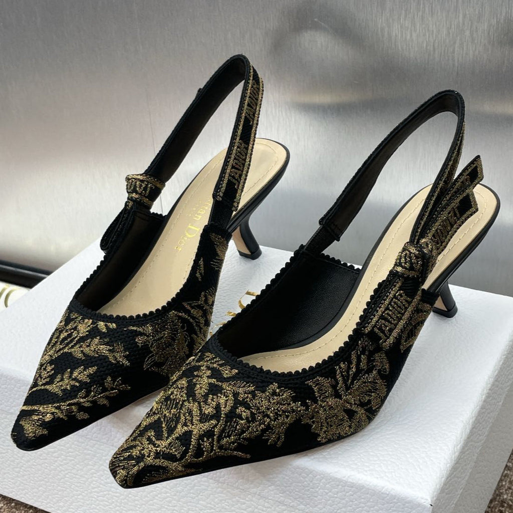 DIOR J'A HIGH SLINGBACK PUMP BLACK AND GOLD-TONE MILLEFIORI JACQUARD 65 MM