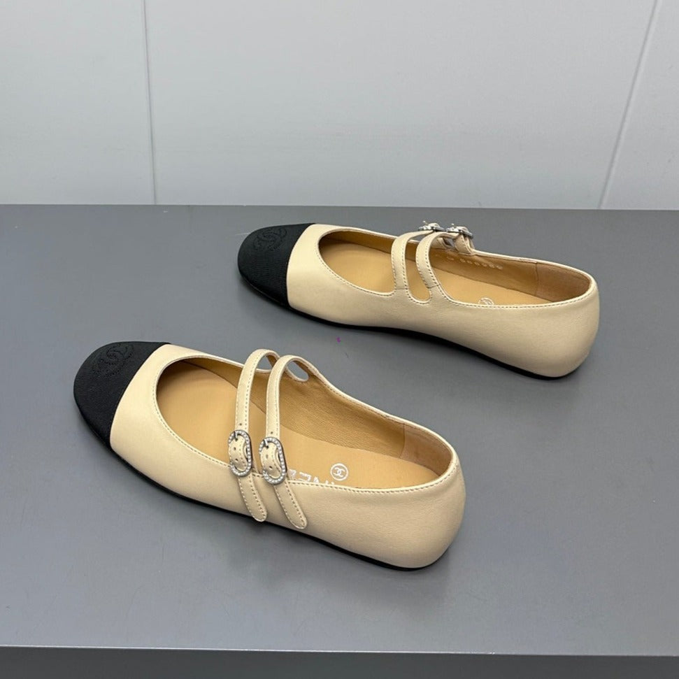 CHANEL pearl Mary Jane flat shoes yellow cream