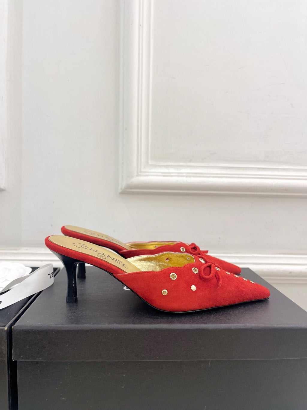 CHANEL HIGH 65 MM MULE IN CHERRY RED SUEDE