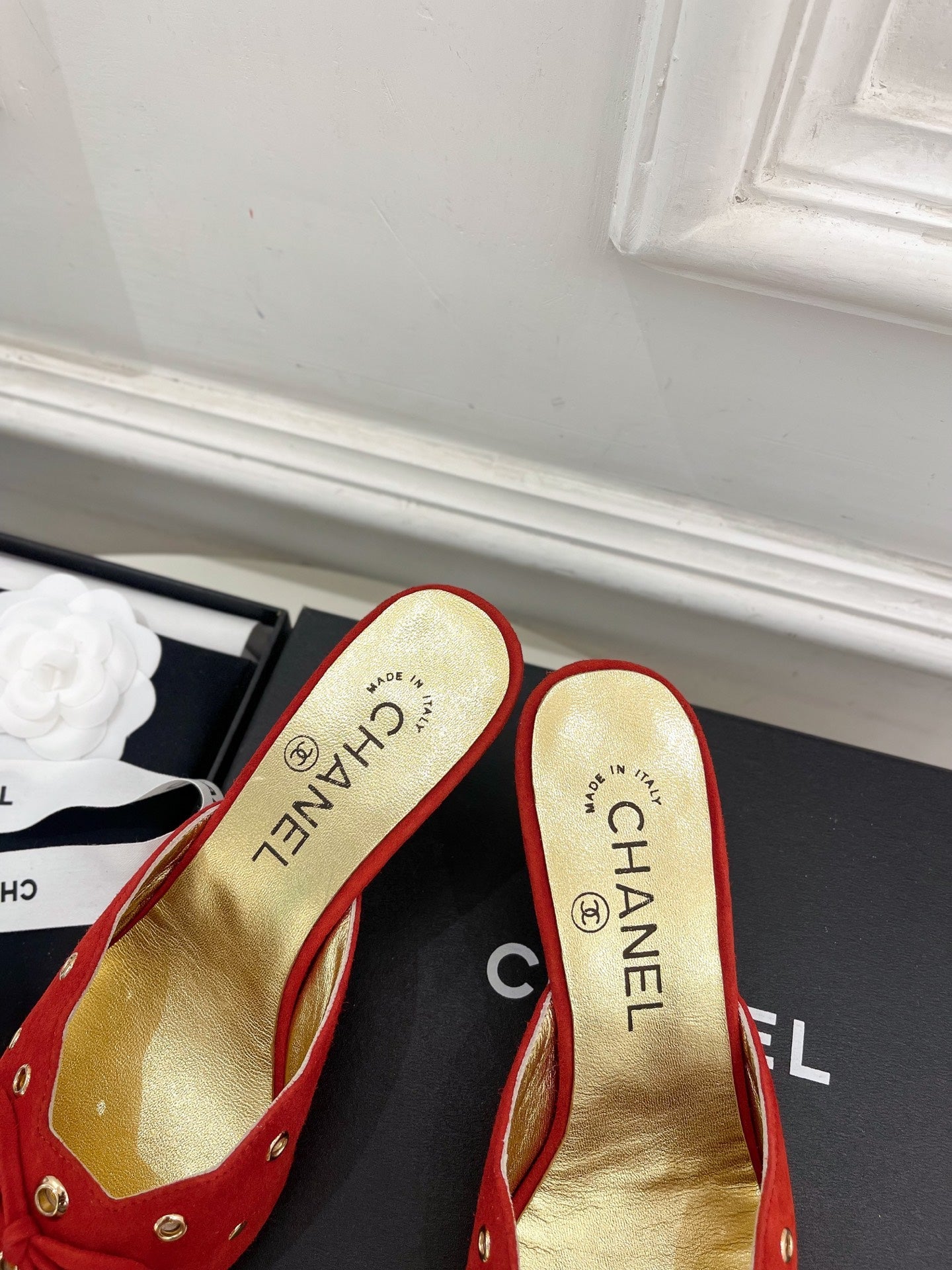CHANEL HIGH 65 MM MULE IN CHERRY RED SUEDE