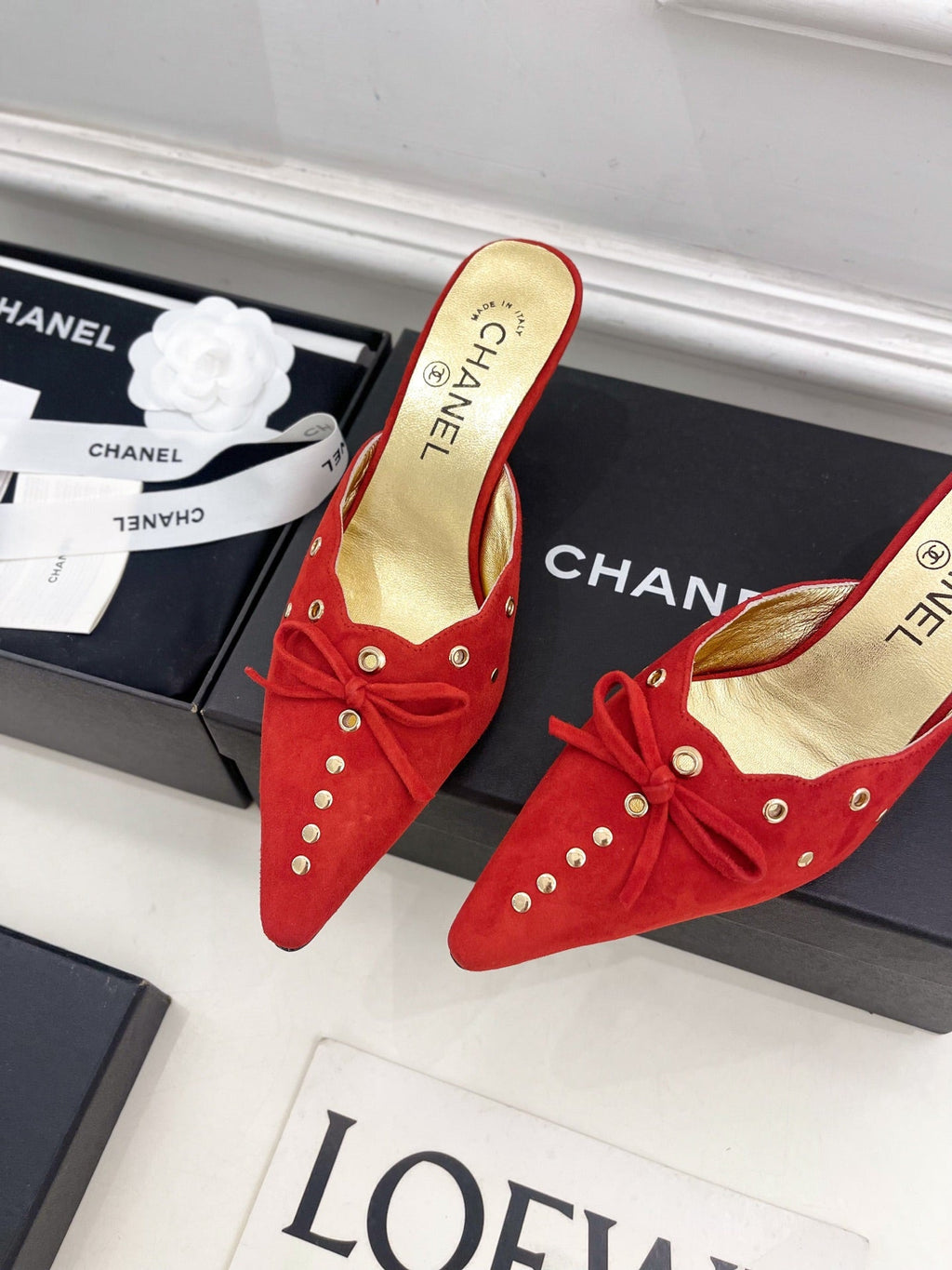 CHANEL HIGH 65 MM MULE IN CHERRY RED SUEDE