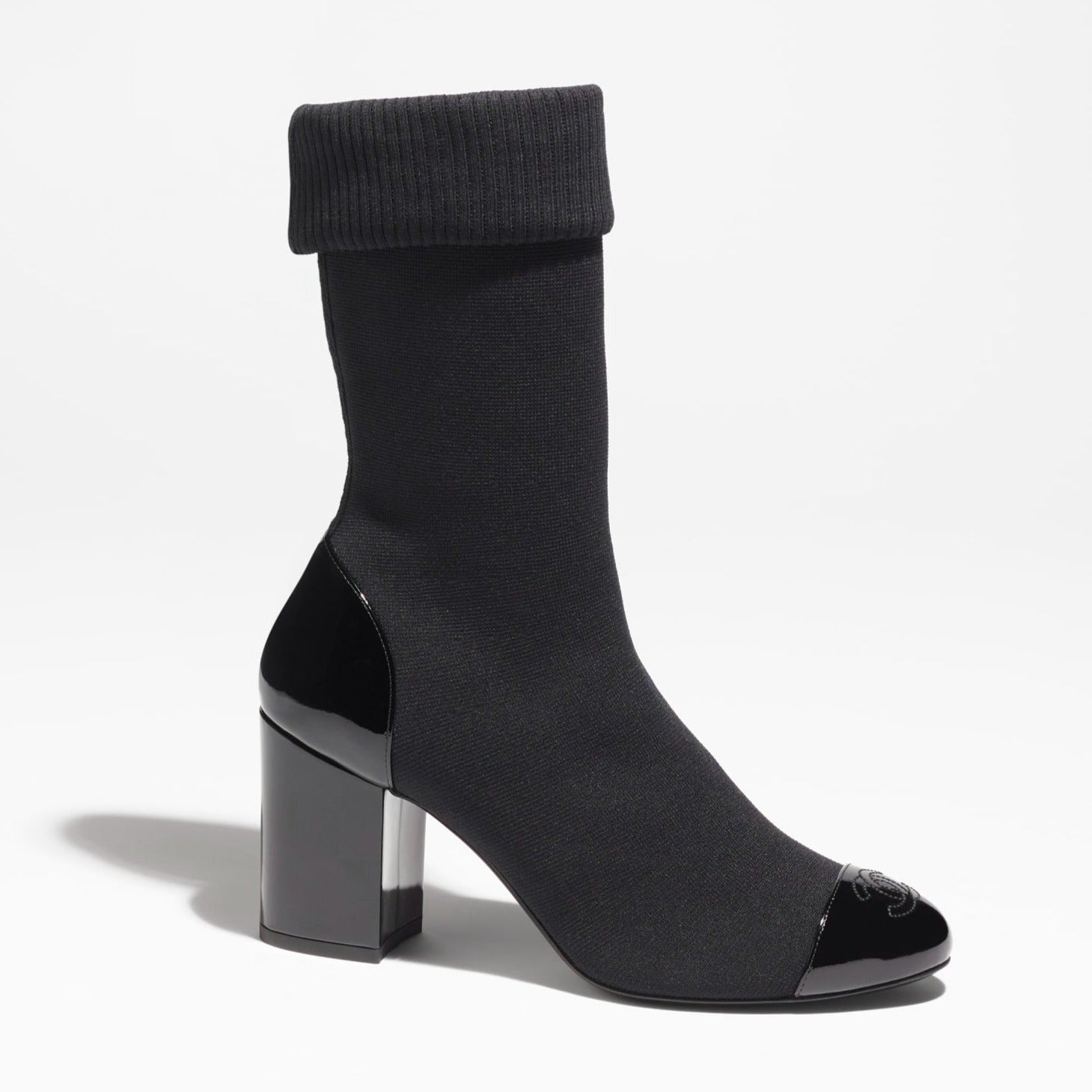 CHANEL SHORT BOOTS BLACK KNIT PATENT CALFSKIN